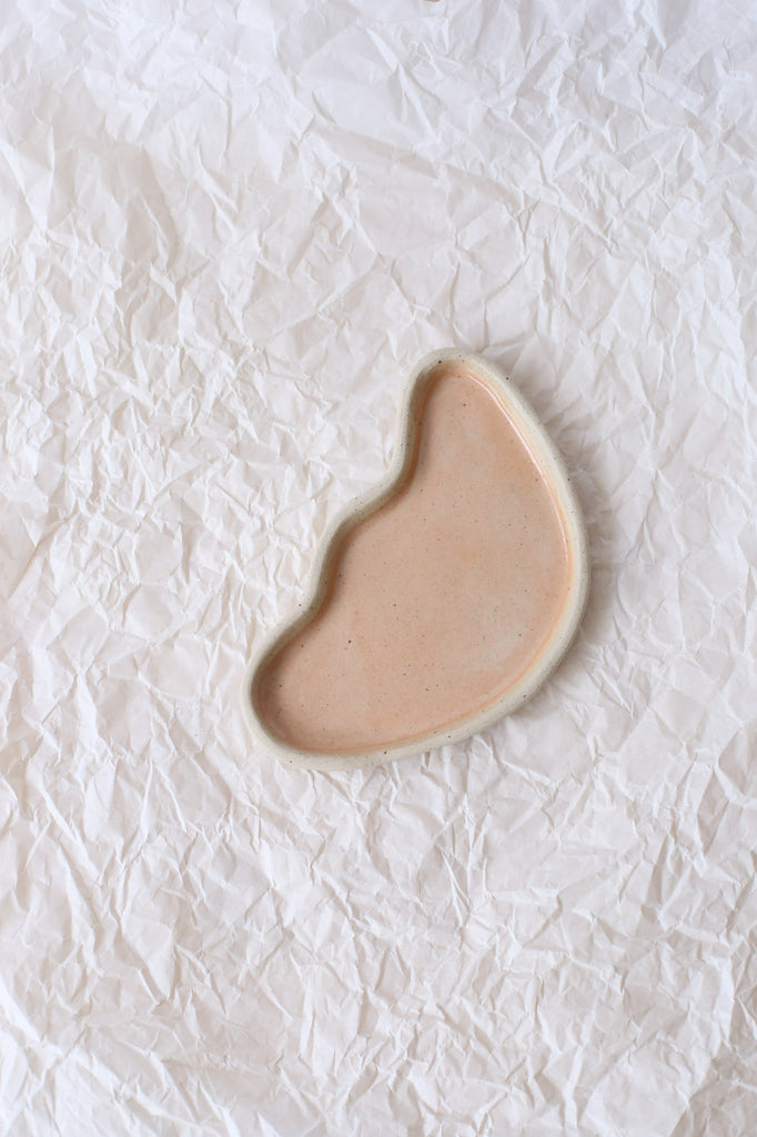 Free Form Puddle Plate by Clay Club, Small, White Speckled Clay with Matte Salmon Pink Glaze