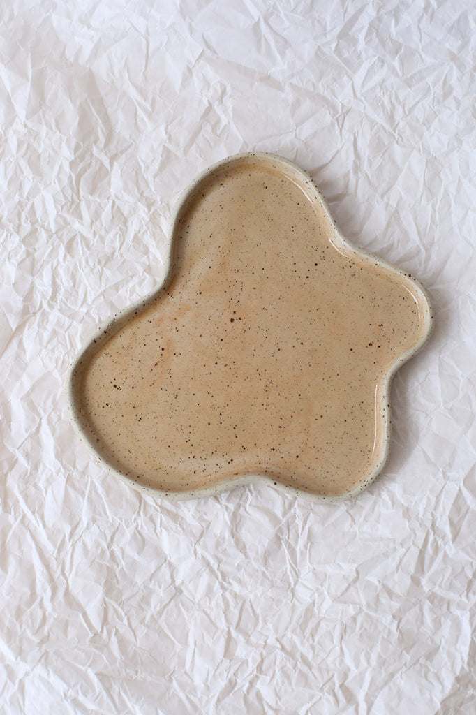 Free Form Puddle Plate by Clay Club, Large, White Speckled Clay with Warm Sand Beige Glaze