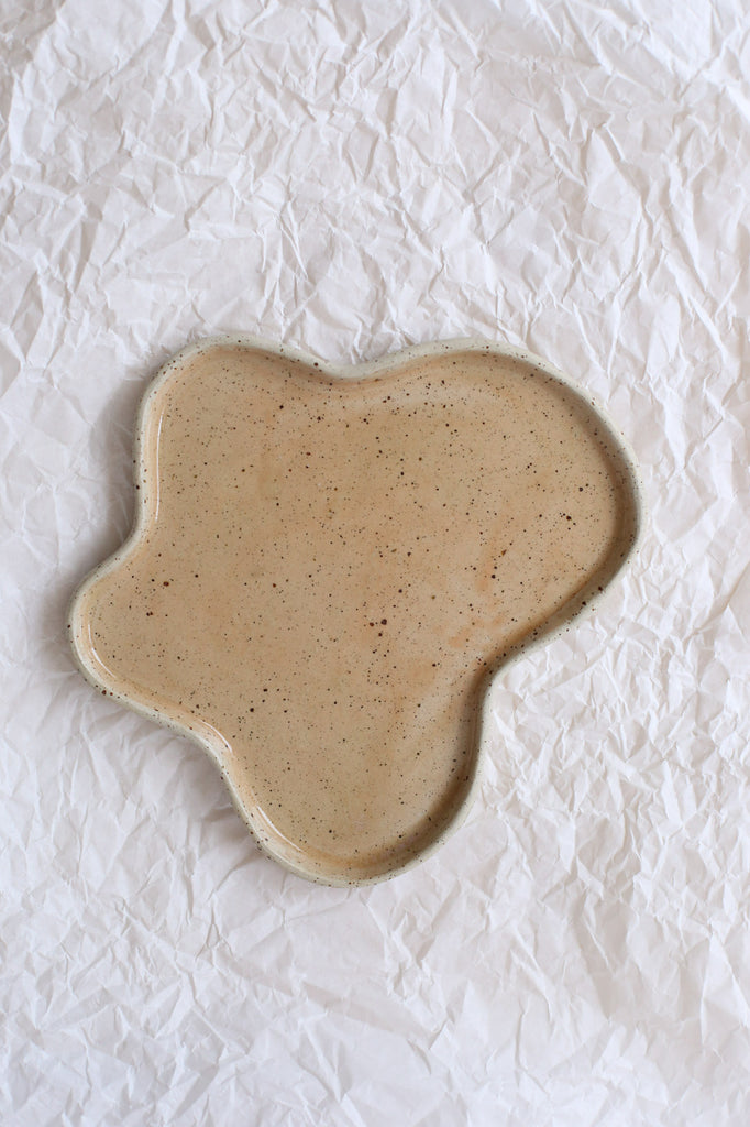 Free Form Puddle Plate by Clay Club, Large, White Speckled Clay with Warm Sand Beige Glaze